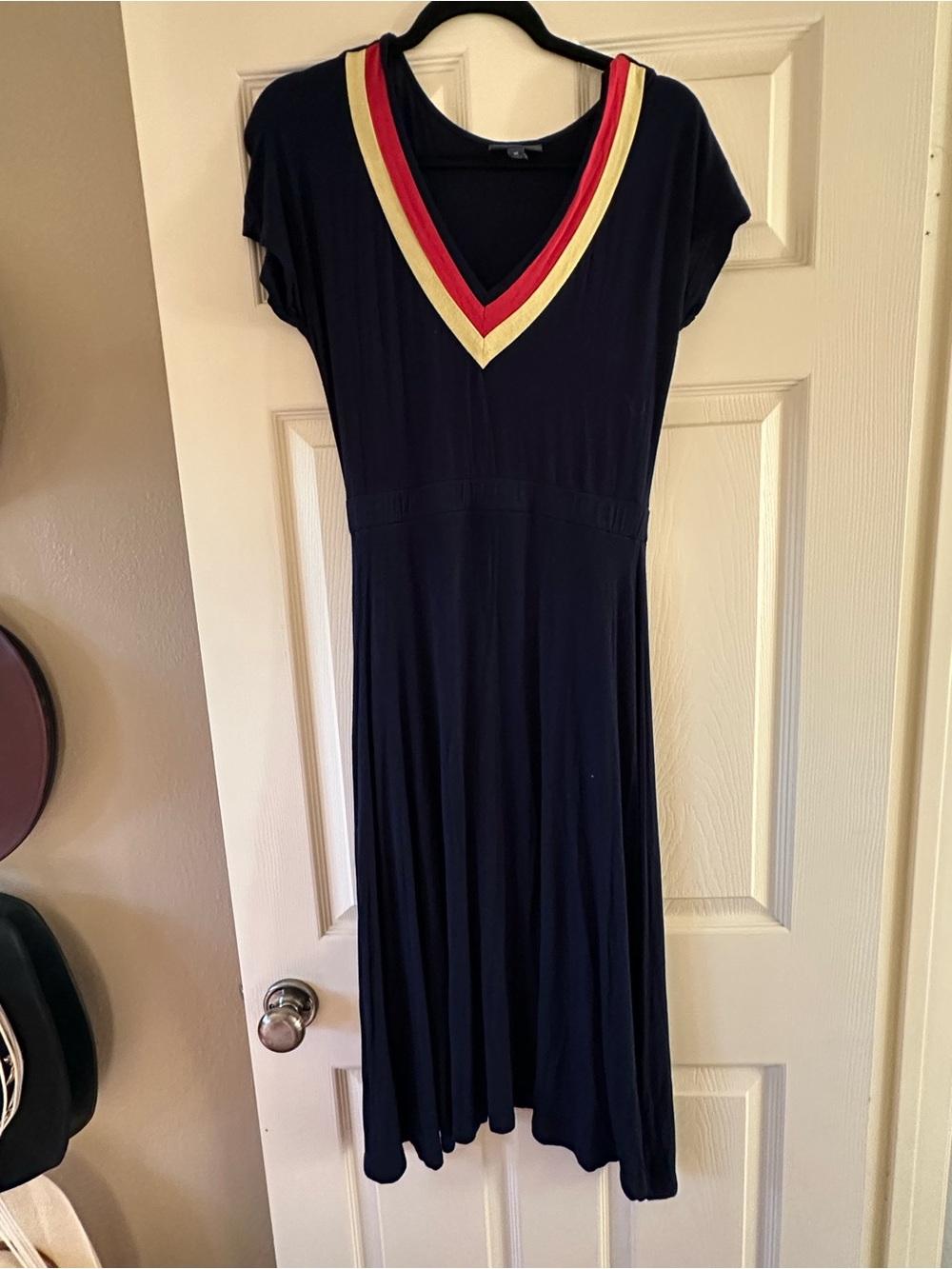 ModCloth Navy Midi Dress with Red and Cream V-Neck Trim